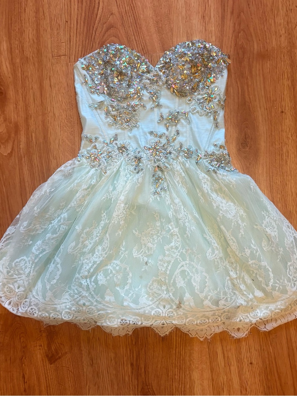 Girls' Light Teal Lace Party Dress with Crystal Embellished Bodice